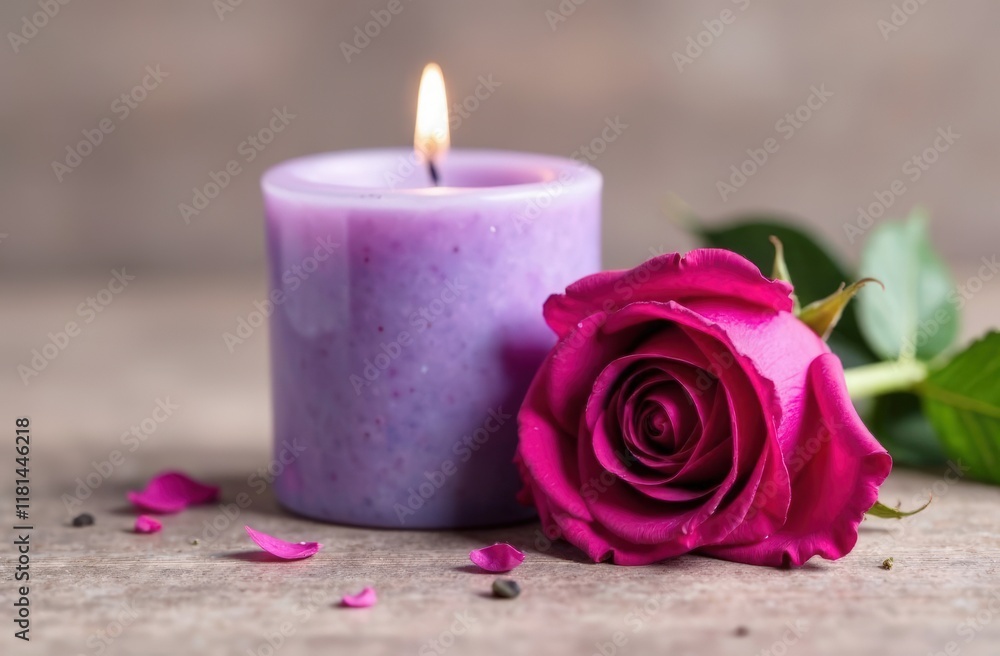 Purple candle with burning flame and pink rose petals, romantic atmosphere symbolizing love and tranquility Purple candle with burning flame and pink rose petals, romantic atmosphere symbolizing love and tranquility