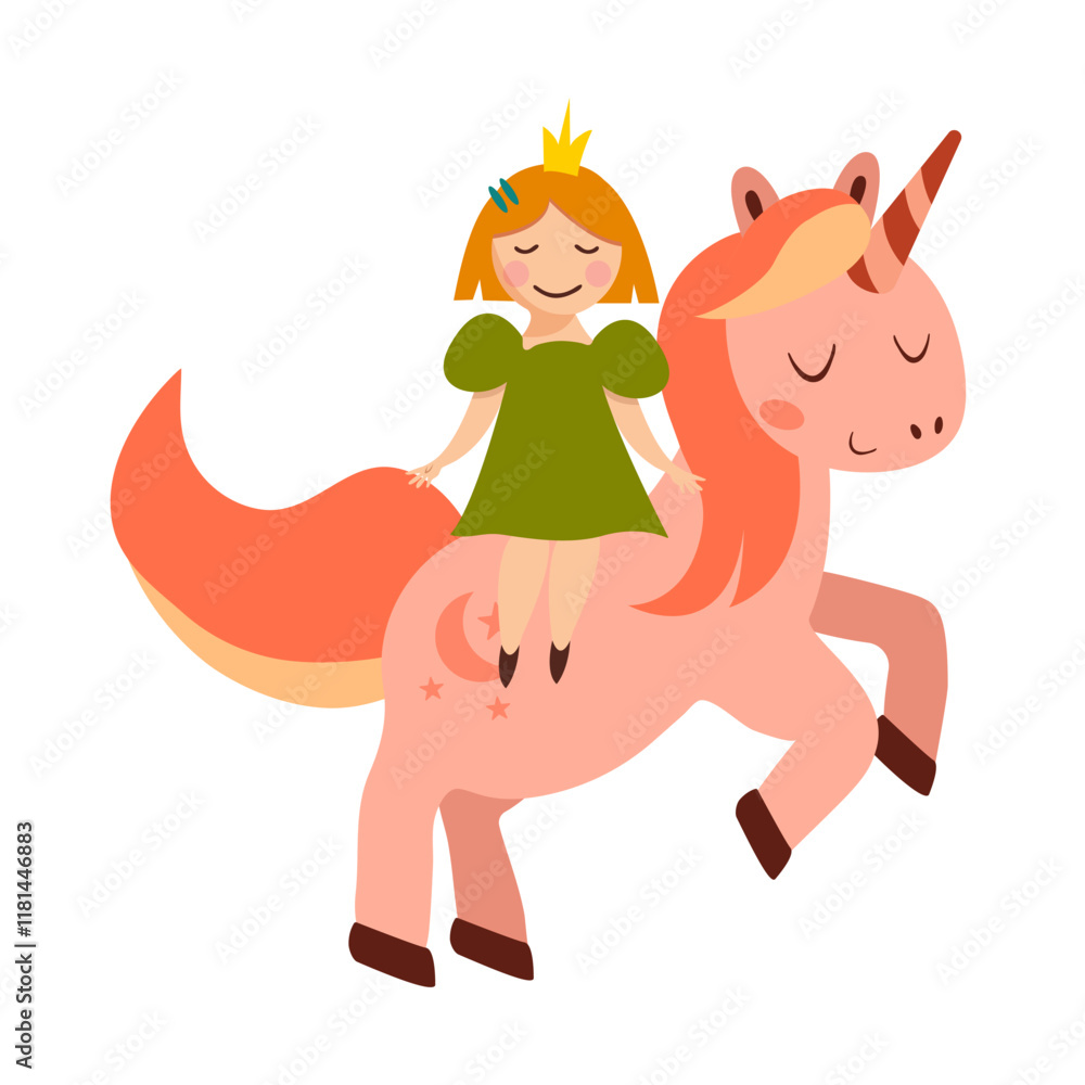 Fototapeta premium Cute princess girl sitting riding a unicorn. Fairy tale unicorn in flat style. Vector illustration isolated for greeting card, poster, print, textile, children books, wallpaper