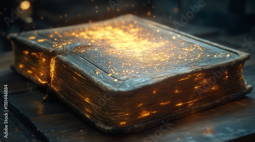 Mystical glowing book emitting sparks and light in a dimly lit setting