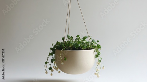 Hanging planter with lush greenery in a softly lit interior space during the day