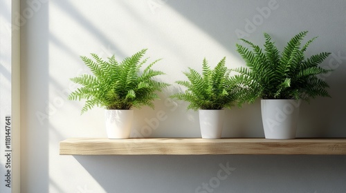 Fresh ferns on a wooden shelf with sunlight casting shadows in a modern room