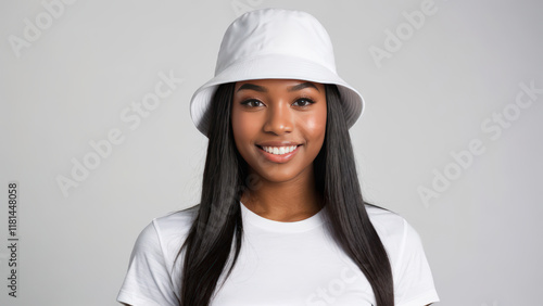 Young black woman wearing white t-shirt and white bucket hat isolated on grey background