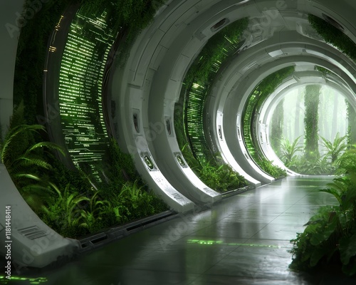 Futuristic Bio luminescent Corridor Green Plants Technology Sci Fi Architecture photo