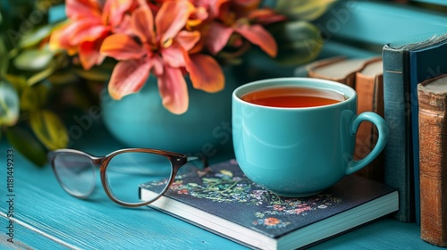 Warm cup of tea beside glasses and a book in a cozy autumn setting