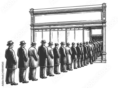 men in coats and hats standing in line outside a building, evoking a vintage or historical scene sketch engraving generative ai vector illustration. Scratch board imitation. Black and white image.