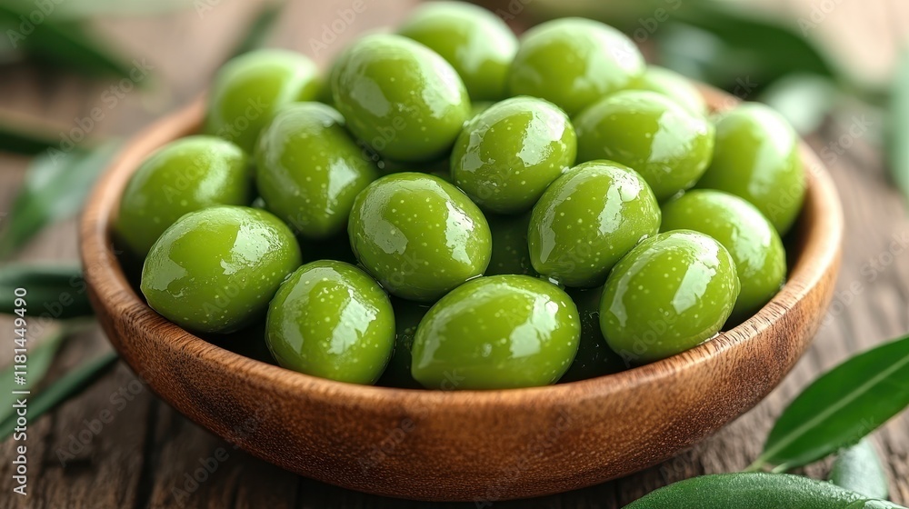 Bowl of fresh green olives with leaves. Bowl of fresh green olives with leaves.