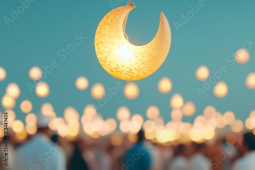 Captivating Evening Iftar Celebration with Golden Lanterns and Crescent Moon Decorations for Ramadan, Eid, and Diwali photo