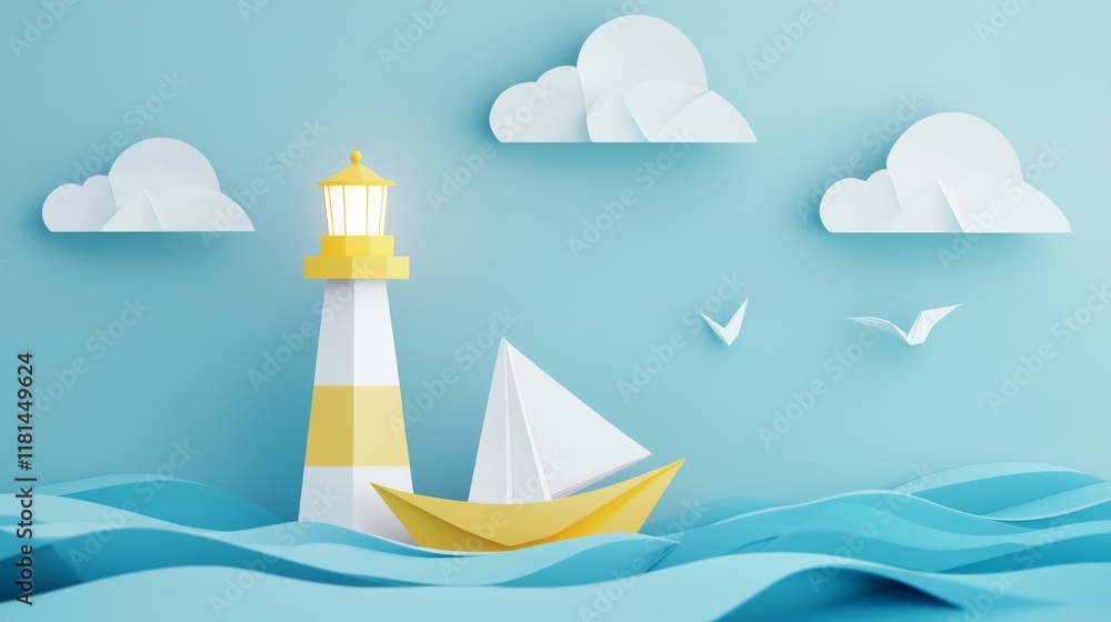 Naklejka premium Whimsical origami boat sailing to a lighthouse in serene coastal scene