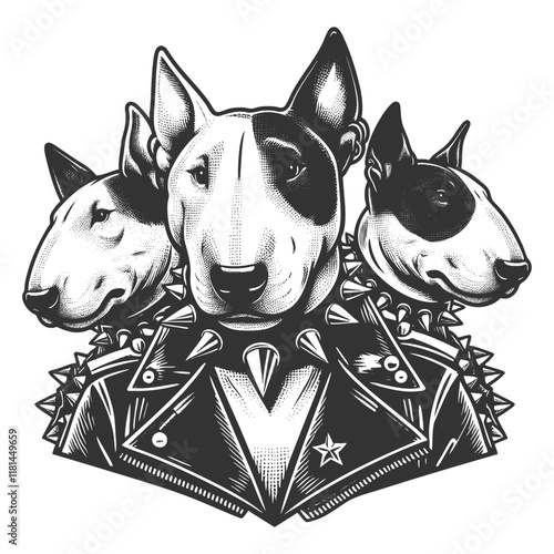 bull terriers wearing spiked collars and a leather jacket, showcasing a bold punk rock vibe sketch engraving generative ai vector illustration. Scratch board imitation. Black and white image.
