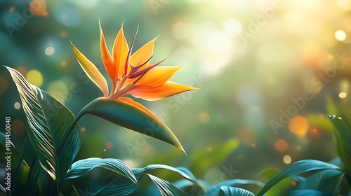 Bird of Paradise blooming in a tropical garden with lush green leaves in the blurred background bathed in soft sunlight photo