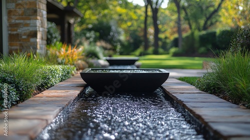 Waterscape with black bowls and flowing water in a serene garden setting duri...