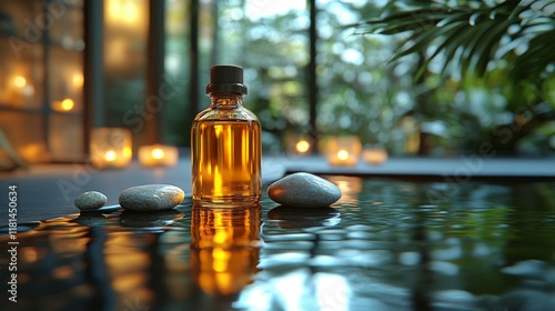 Serenity captured with essential oil bottle surrounded by stones and candles ...