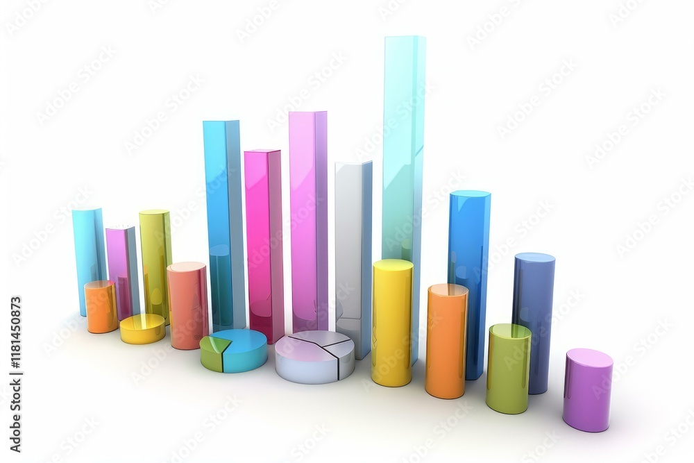 Colorful 3d bars and pie charts representing growing business statistics on a white background Colorful 3d bars and pie charts representing growing business statistics on a white background