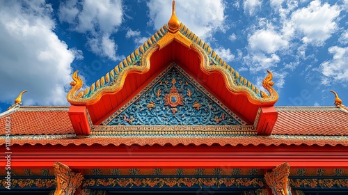 Intricate architectural details of a temple under a bright blue sky