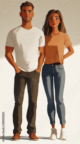 Couple posing together in casual attire with a bright background during daytime
