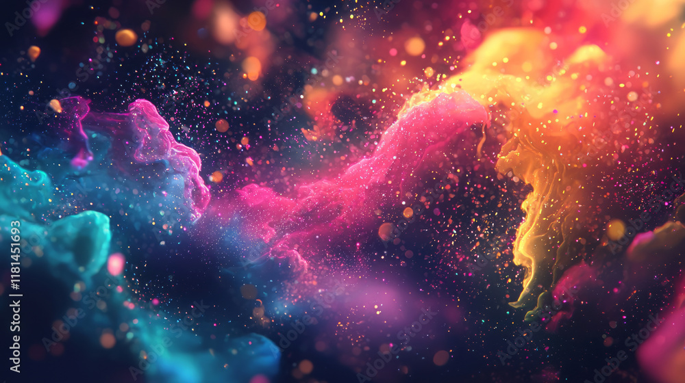 Vibrant depiction of colorful nebula with glowing particles in dark background Vibrant depiction of colorful nebula with glowing particles in dark background