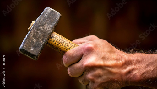 Close-up of a hand gripping a worn, heavy hammer.  The image conveys strength, craftsmanship, and manual labor. Ideal for construction, DIY, or power tool related projects. photo