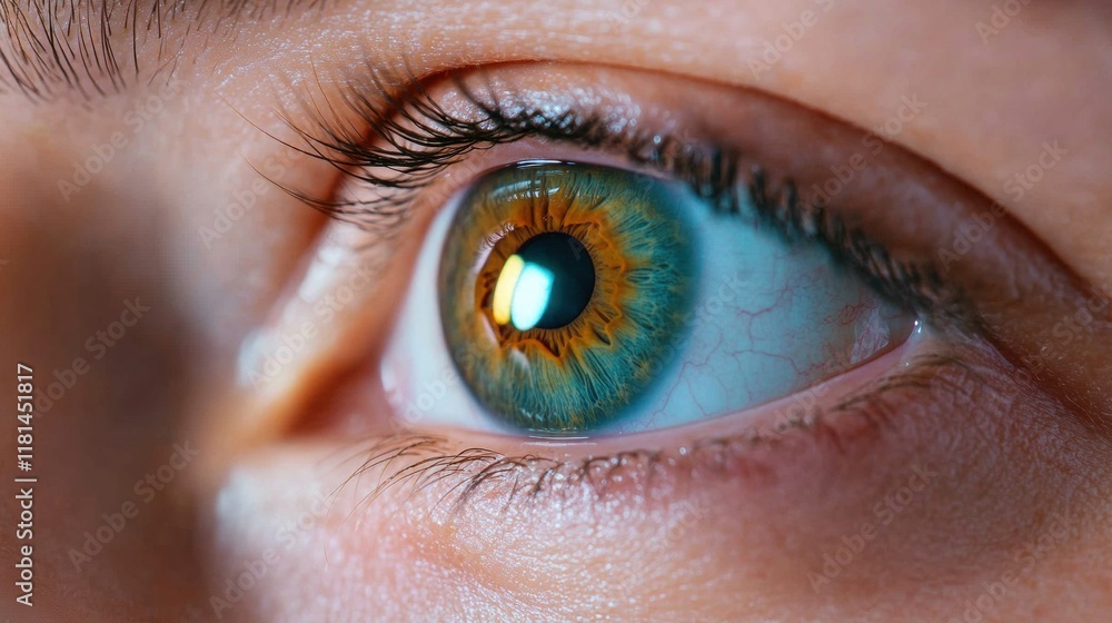 Close view of an eye receiving laser surgery, highlighting the vibrant colors of the iris and the intensity of the procedure in progress Close view of an eye receiving laser surgery, highlighting the vibrant colors of the iris and the intensity of the procedure in progress