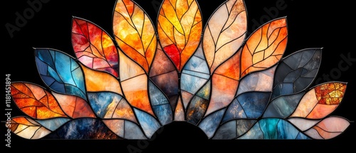 Abstract Colorful Stained Glass Leaf Design Autumnal Hues Artistic Window Panel photo