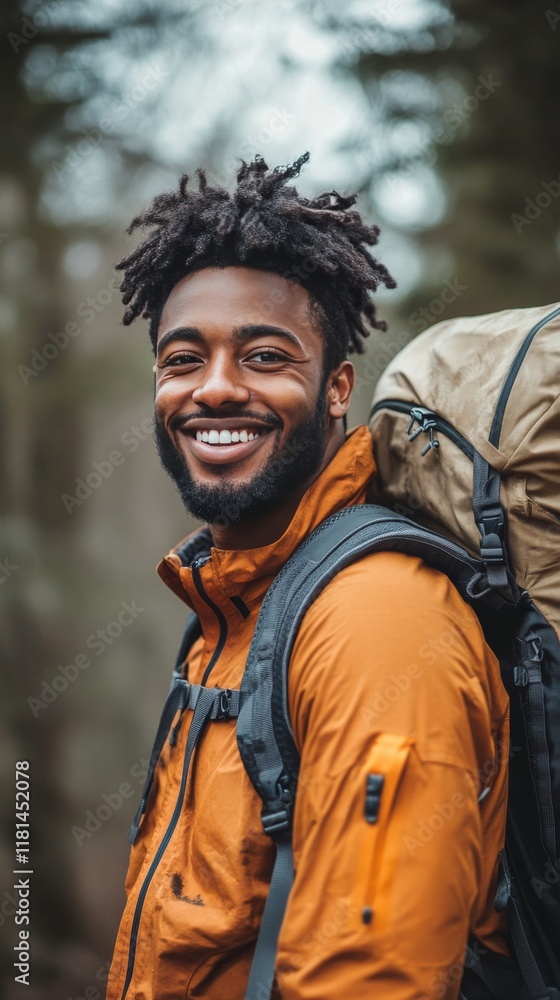 Naklejka premium Young man smiles while walking through a busy urban street filled with people during the evening