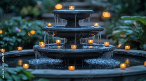 Enchanting illuminated fountain surrounded by lush greenery at twilight