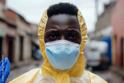 Health worker preparing for patient care with protective gear in a clinical e...