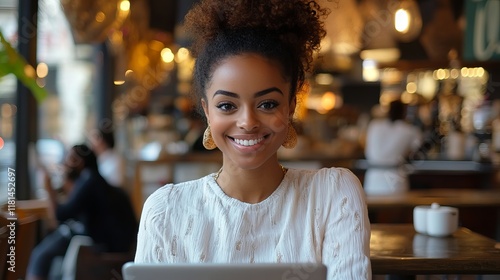 Smiling Woman Using Tablet in Cafe