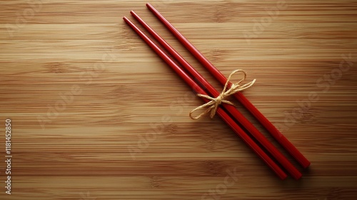 Red chopsticks tied together on a wooden table surface