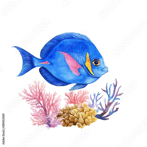 A watercolor vector of a blue tang fish swimming in coral reefs, isolated on a white background. Blue tang fish vector.
