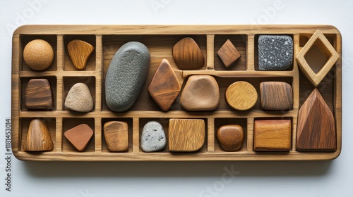 Variety of geometric shapes made from different materials arranged on a flat ...