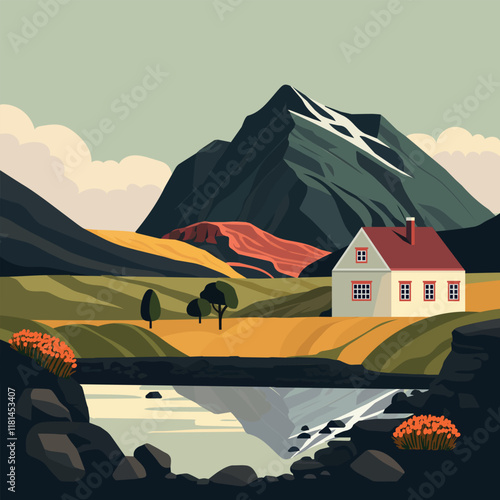 A minimalist vector illustration of a peaceful rural landscape featuring a cozy house, vibrant fields, a calm river, and a dramatic mountain backdrop, perfect for travel, nature, or countryside themes