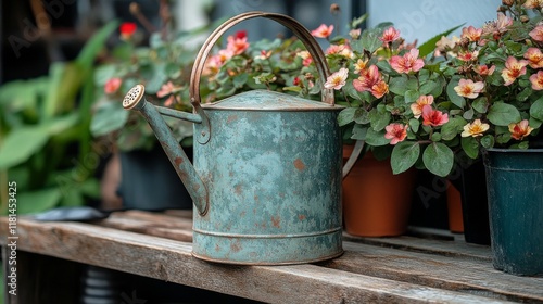 Watering can on wooden shelf amid potted plants in greenhouse