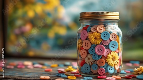Colorful collection of buttons in a glass jar on a wooden table with scattere...