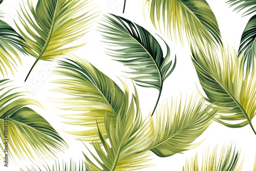 A seamless pattern of tropical green palm leaves on a white background