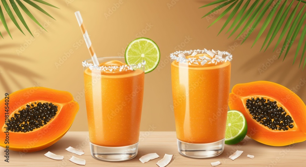 Fototapeta premium Refreshing tropical papaya smoothie with lime and coconut on a wooden table