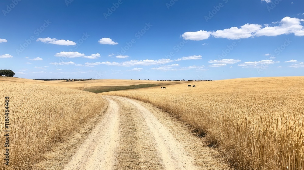 Serene Country Road Through Wheat Fields Under Blue Sky Serene Country Road Through Wheat Fields Under Blue Sky