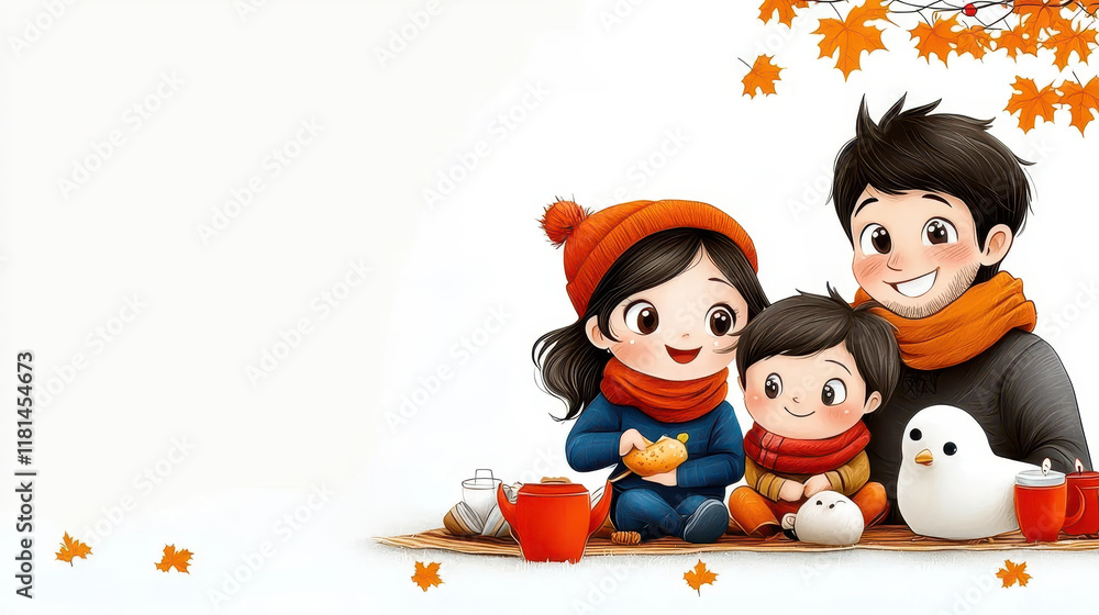 Naklejka premium Family enjoying autumn picnic with warm drinks and snacks, surrounded by leaves