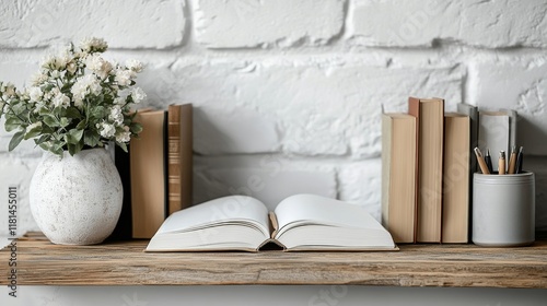 Cozy workspace with plants and an open notebook beside a bright window in the...