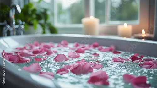 Relaxing bath setup with rose petals and candle in a serene countryside setting
