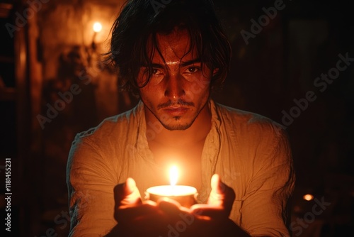 Man holding a candle with a serene expression in a dimly lit atmosphere durin...