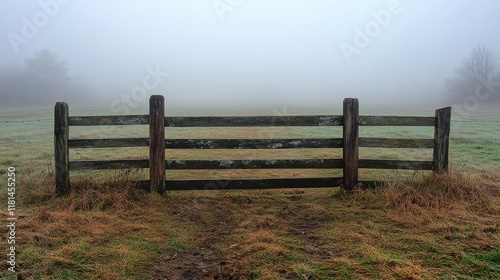 Foggy morning at a rustic wooden gate in a quiet meadow landscape