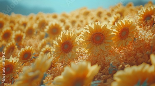 Person walks through a sunflower field under a clear blue sky during summer