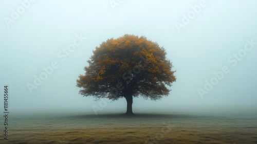 Mysterious tree stands alone in foggy landscape during early morning hours