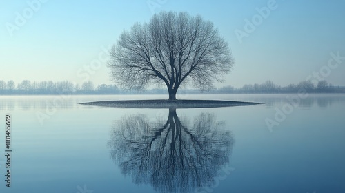 Serene tree silhouetted against foggy morning lake at dawn