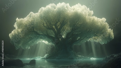 Illuminated tree surrounded by mist in a serene forest atmosphere at dusk