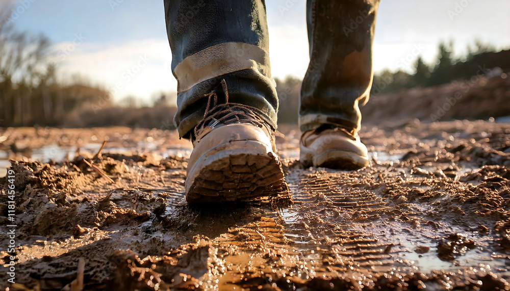 Close-up of work boots walking through muddy terrain. Golden hour lighting enhances the texture of the mud and the ruggedness of the boots. Perfect for construction, outdoor, or industrial themes. Close-up of work boots walking through muddy terrain. Golden hour lighting enhances the texture of the mud and the ruggedness of the boots. Perfect for construction, outdoor, or industrial themes.