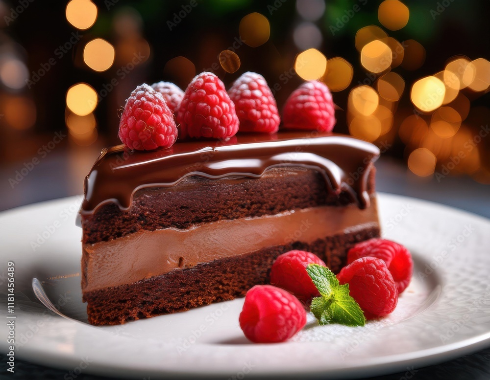 Close-up of a rich and decadent chocolate cake slice with shiny ganache glaze, topped with fresh raspberries and mint leaves, served on a white porcelain plate with a soft bokeh background Close-up of a rich and decadent chocolate cake slice with shiny ganache glaze, topped with fresh raspberries and mint leaves, served on a white porcelain plate with a soft bokeh background