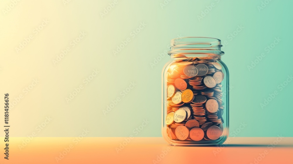 Glass Jar Filled with Coins on a Colorful Gradient Background Glass Jar Filled with Coins on a Colorful Gradient Background