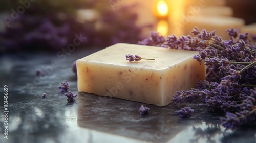 Handmade lavender soap with natural ingredients resting on a textured surface