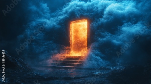 Mysterious fiery portal surrounded by dark clouds and glowing lights in a sur...